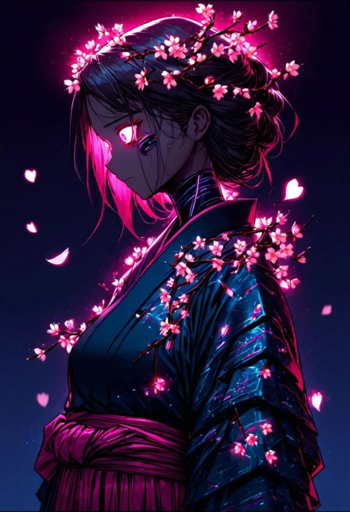 Ai generated cyberpunk anime girl with glowing pink eyes, adorned with sakura blossoms, wearing a traditional kimono using stable diffusion.