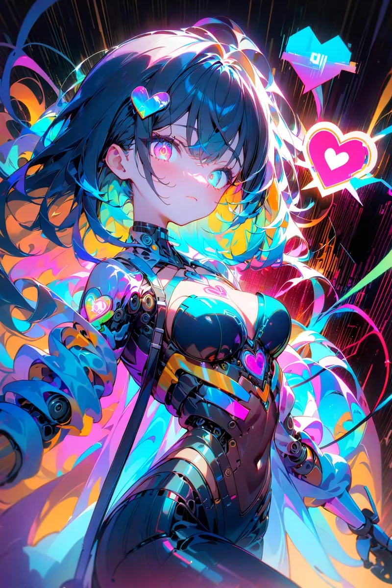 A cyberpunk anime girl with neon aesthetics generated using Stable Diffusion AI.