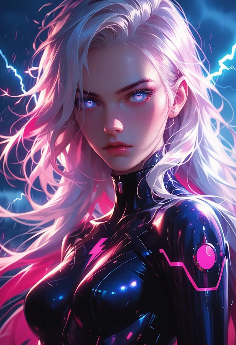 A cyberpunk girl with long platinum hair, glowing eyes, and futuristic attire in neon lighting, AI generated using Stable Diffusion.