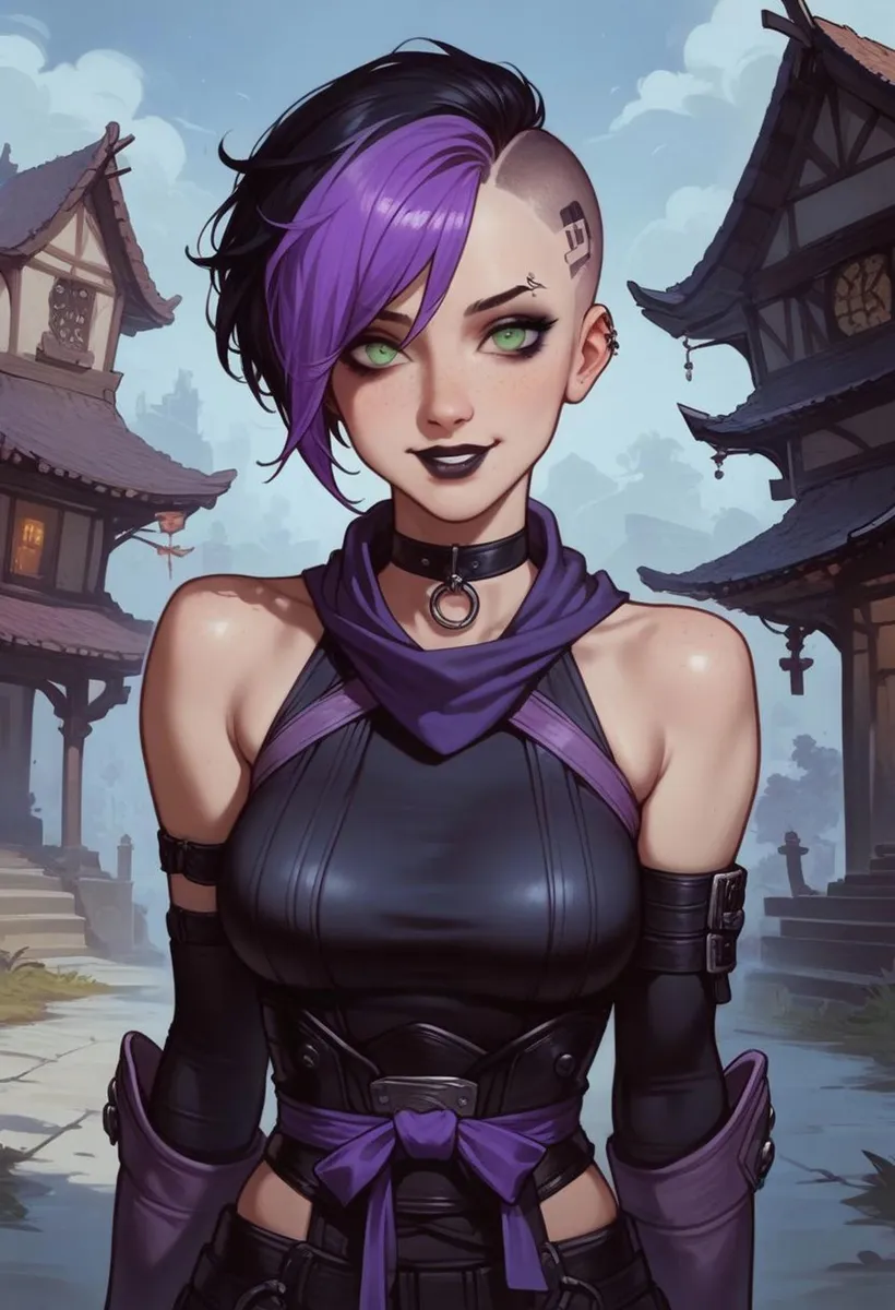 Cyberpunk girl with purple hair and green eyes standing in front of traditional Japanese buildings. AI generated using stable diffusion.