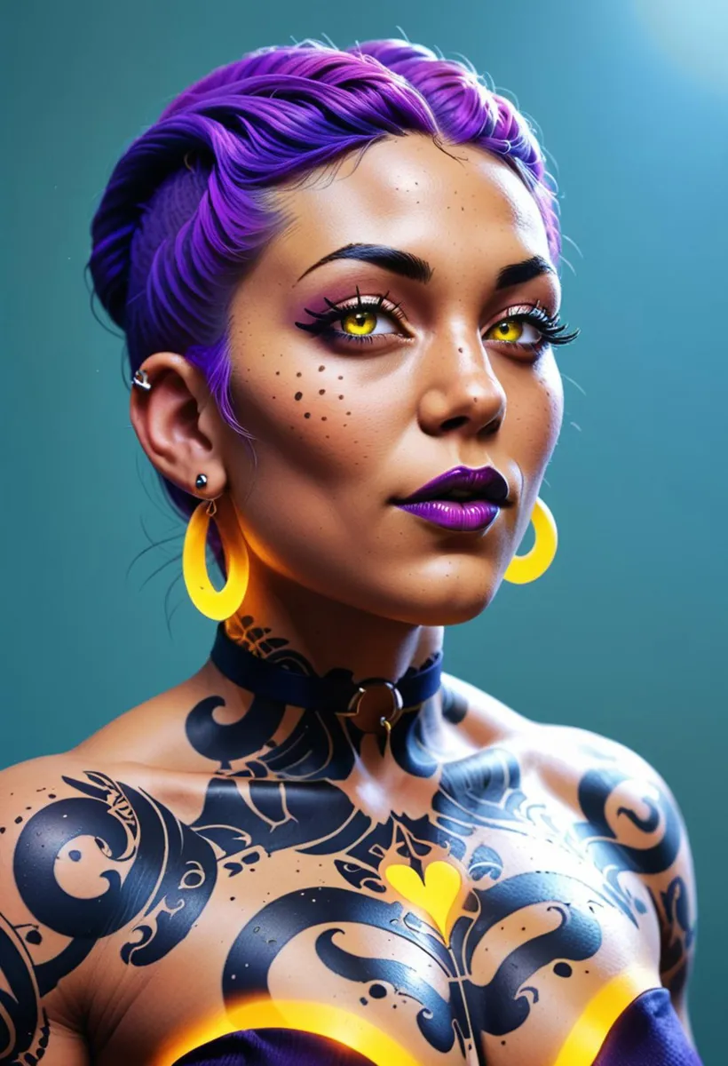 A highly detailed AI-generated image using stable diffusion depicting a cyberpunk woman with vibrant purple hair, yellow eyes, and intricate tattoos. She is wearing yellow earrings and has a confident expression.