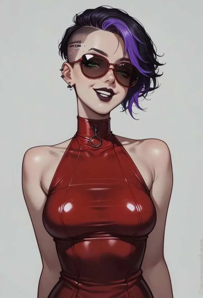 Ai generated image of a cyberpunk woman with purple hair, wearing sunglasses, and a red latex halter-top, created using stable diffusion.