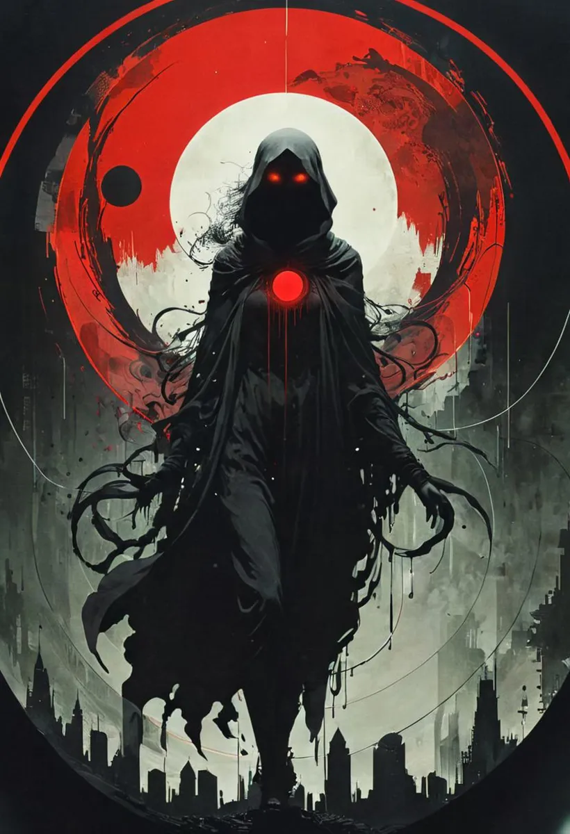 A dark, hooded figure with glowing red eyes and a red orb on its chest stands against an apocalyptic urban background with a red and white abstract circular design. This is an AI generated image using stable diffusion.