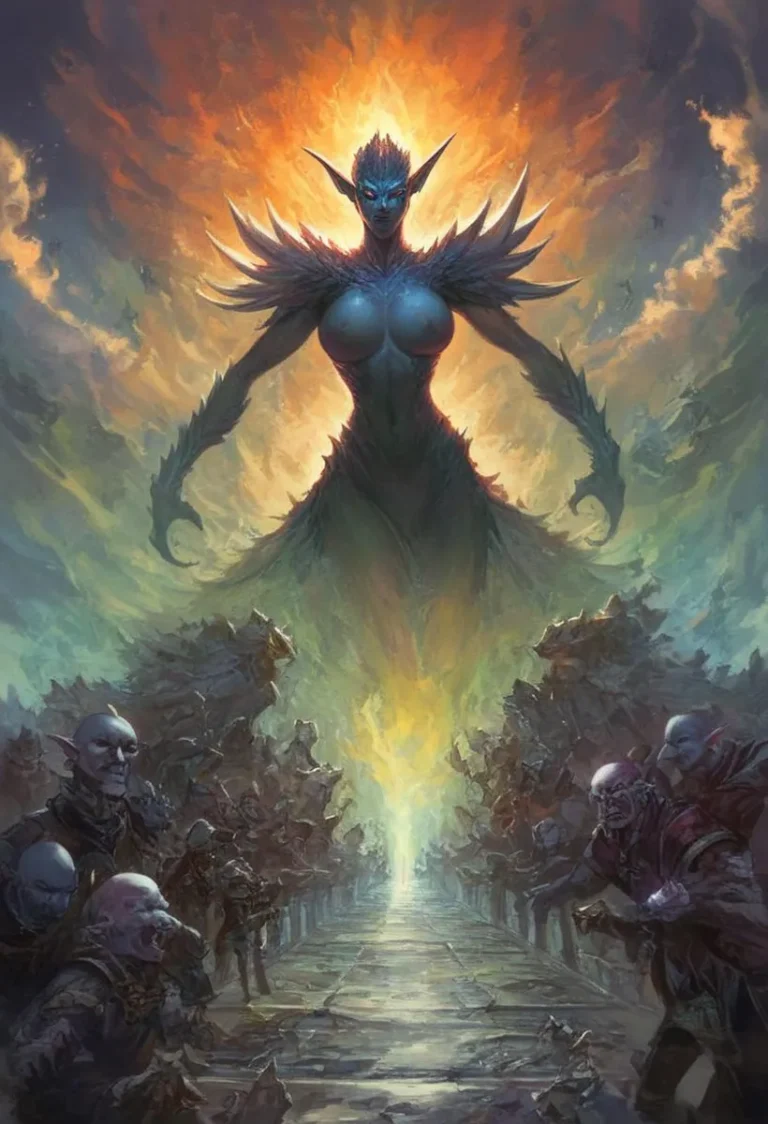 A giant fantasy demon queen with sharp features and fiery aura descending upon a crowd of smaller beings, AI generated image using stable diffusion.