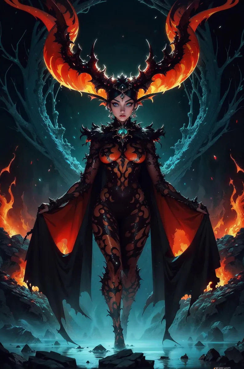 An AI generated image using stable diffusion of a demon queen in dark fantasy art style, showcasing her standing surrounded by fire and mystical elements.