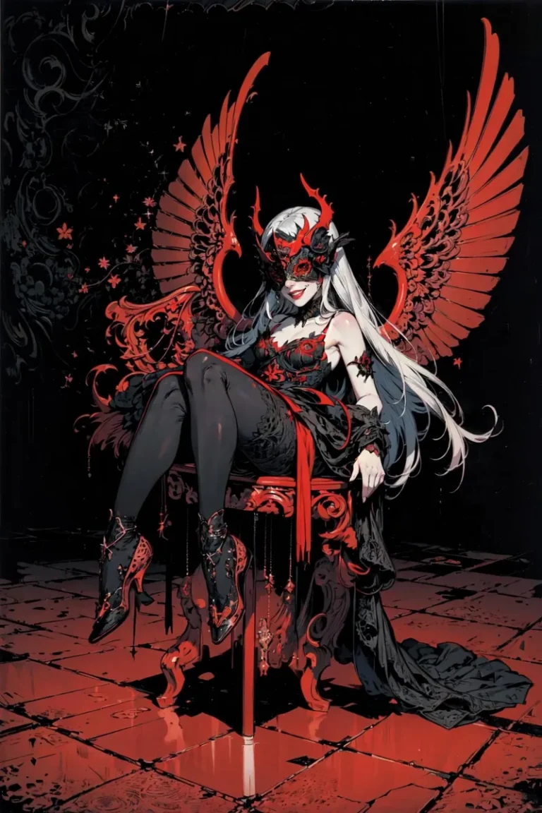 AI generated image using Stable Diffusion of a demonic woman seated on a red ornate chair with red wings and black and red attire.