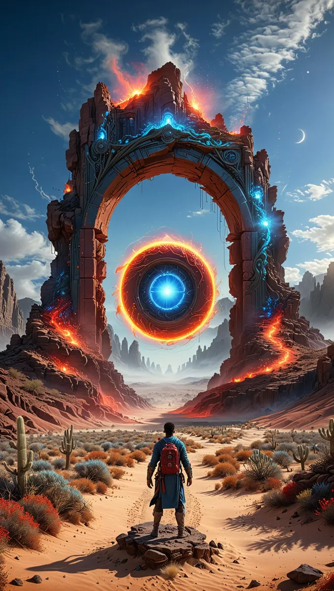 A digital artwork of a futuristic portal in a desert landscape generated by AI using stable diffusion. A lone traveler stands before an archway with glowing, mystical elements and a central floating ring surrounded by vibrant, energy-like lights.