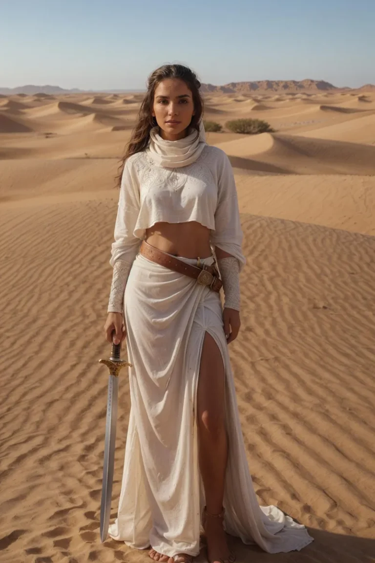 A desert warrior woman dressed in white robes, holding a sword, in a vast sandy desert. AI generated image using Stable Diffusion.