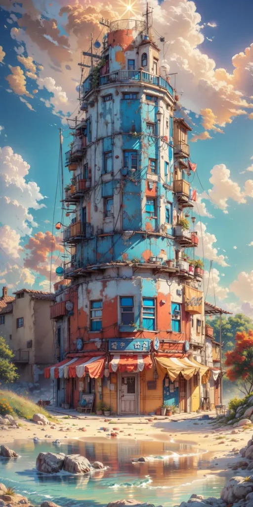 A dilapidated yet colorful building amidst a scenic background with vibrant blue skies and fluffy clouds. An ai-generated image using stable diffusion.