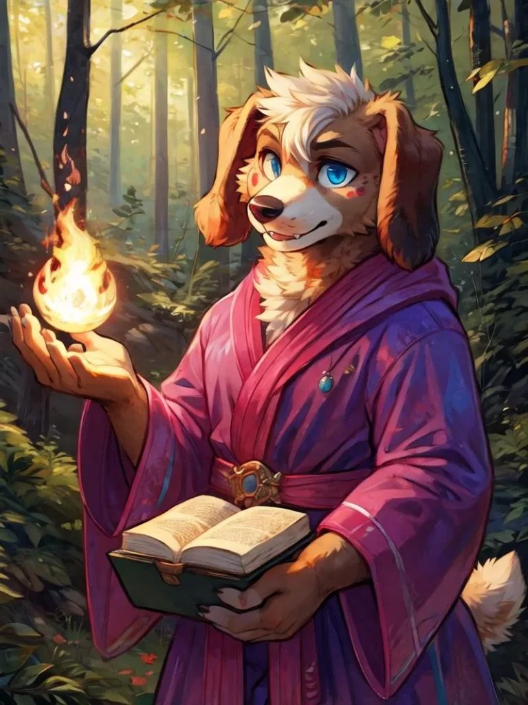 An AI generated image using Stable Diffusion of an anthropomorphic dog dressed as a wizard standing in a forest, holding an open book and a fireball.