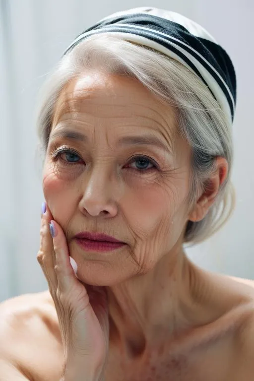 A close-up portrait of an elderly woman with natural beauty, wearing a black and white striped headband. AI generated image using Stable Diffusion.