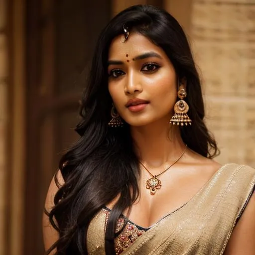 An elegant woman in traditional attire with long black hair, ornate earrings, and a gold necklace, AI generated using Stable Diffusion.