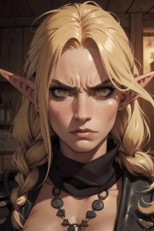 AI generated image using Stable Diffusion of an elven warrior woman with long blonde hair, pointed ears, and a fierce expression.