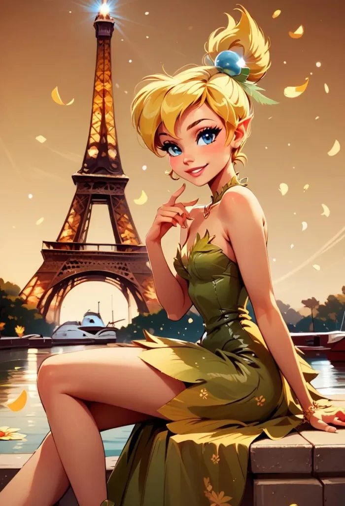 A fairy character in front of the eiffel tower with falling leaves, ai generated image using stable diffusion.