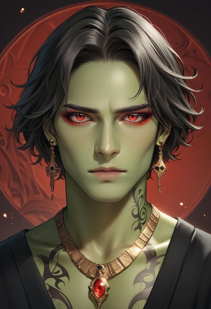 A striking AI-generated image of a green-skinned warrior with red eyes, intricate earrings, and a detailed necklace, created using Stable Diffusion.