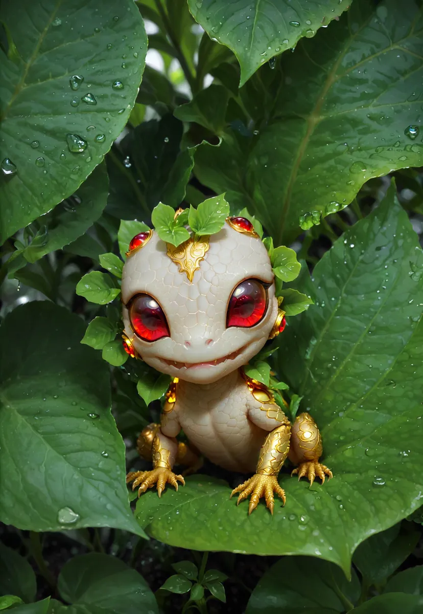 A cute lizard fantasy creature with large red eyes and gold accents surrounded by lush green leaves, created using stable diffusion AI.