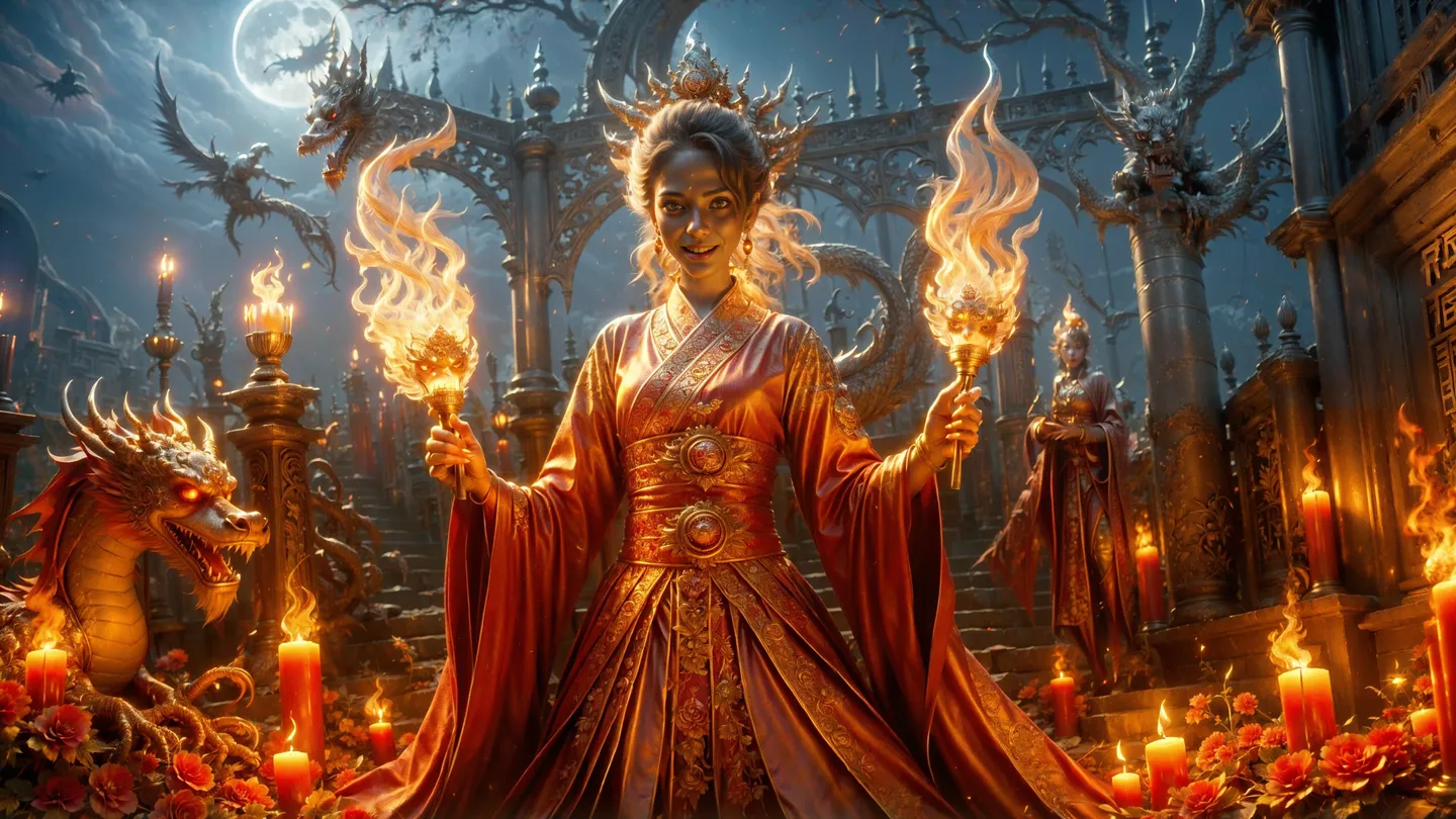 A fantasy scene created with stable diffusion, featuring a woman in traditional Asian attire holding fire torches, a dragon, and an elaborate temple backdrop with candlelight.