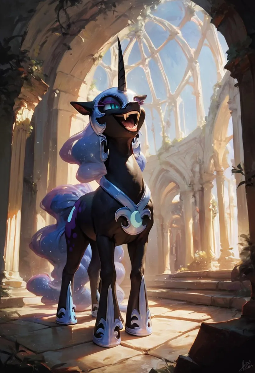 AI generated image using stable diffusion of a majestic unicorn with a dark body and luminous blue mane standing in ancient, sunlit ruins