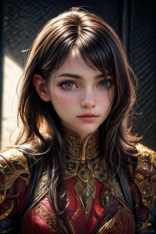 An AI generated image using stable diffusion, depicting a young fantasy warrior woman with striking features, wearing intricate armor in anime style.