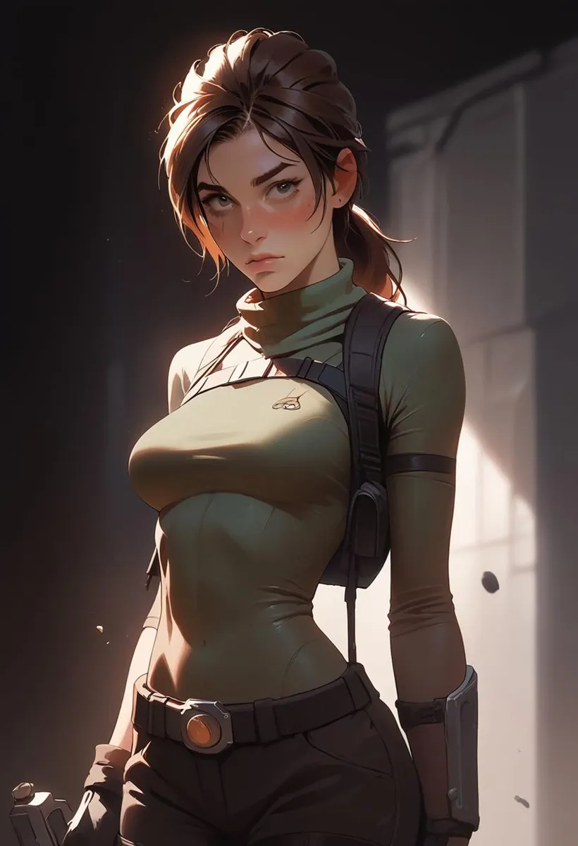 AI generated image, created with stable diffusion, of a determined female adventurer in a green tactical outfit with a ponytail hairstyle.