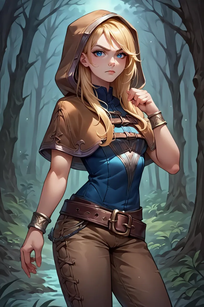 A fantasy-style AI generated image using Stable Diffusion featuring a determined-looking female ranger with blonde hair, wearing a hood and brown/tan clothing, standing in a mysterious forest background.