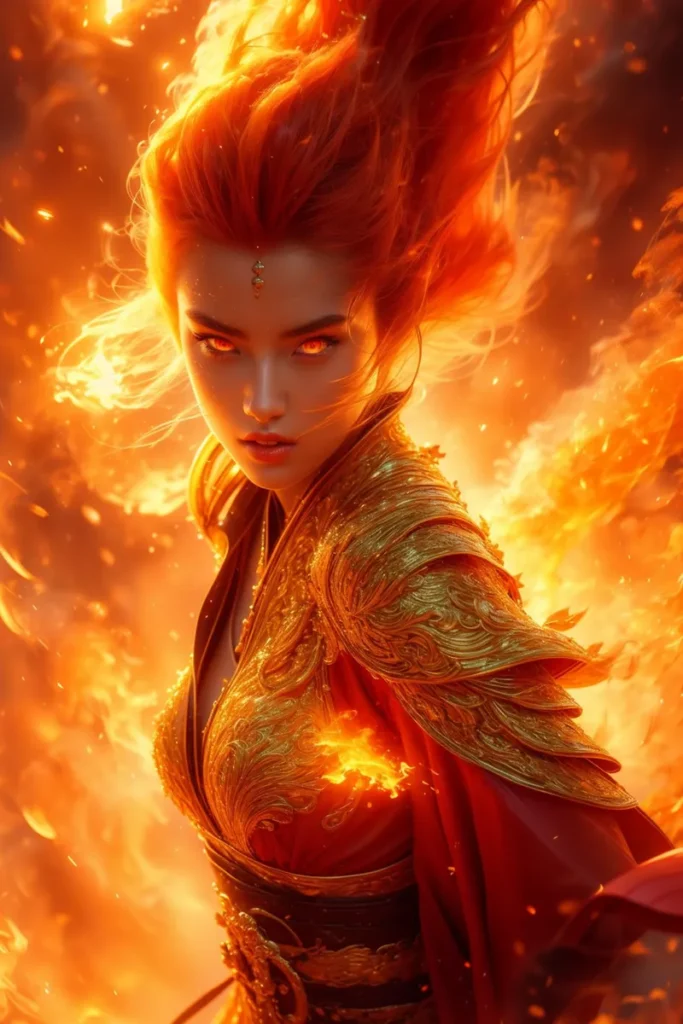 Fiery woman with intense gaze surrounded by flames, dressed in ornate golden armor. Ai generated image using stable diffusion.