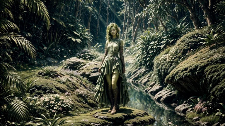 A forest fairy in a lush green forest. Emphasize that this is an AI generated image using Stable Diffusion.