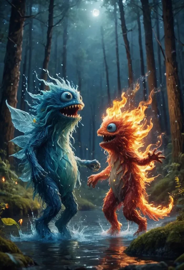 Fantasy art depicting two ai-generated monsters in a forest, one with blue water-like features and the other with fiery red flames.