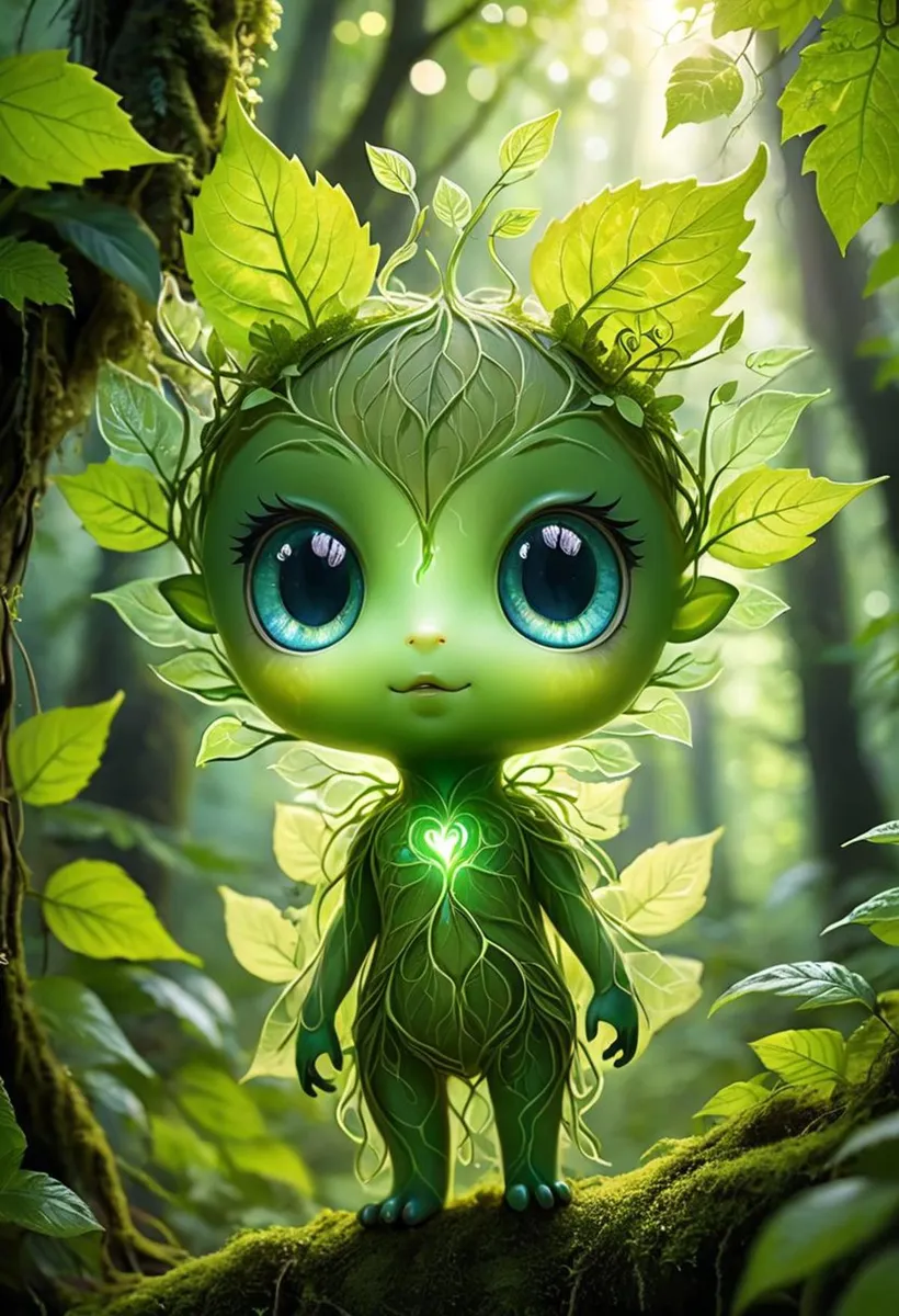 A fantasy forest creature with large blue eyes and leafy features, AI-generated using Stable Diffusion.