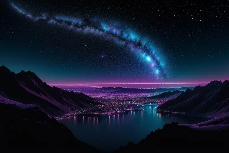 A futuristic cityscape under a brilliant galaxy night sky with mountains in the foreground, created by AI using stable diffusion.