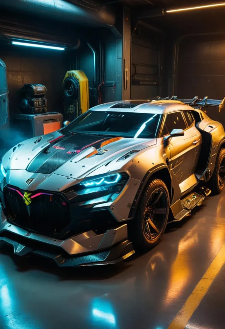 A detailed futuristic car with neon lights, designed in a cyberpunk style using Stable Diffusion AI.