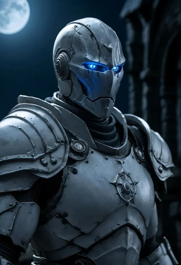 Futuristic knight in metallic robotic armor glowing with blue eyes under a full moon, created using stable diffusion.