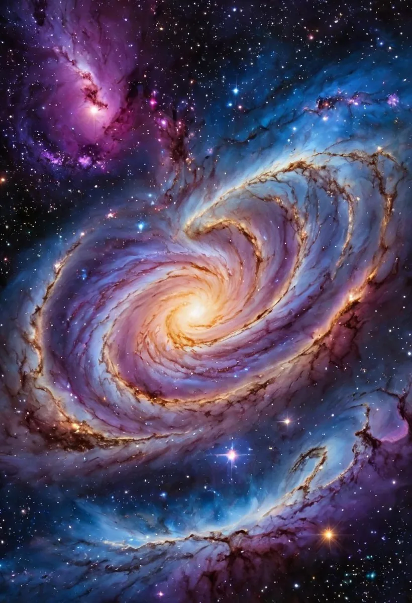 A vibrant AI-generated image of a spiral galaxy with swirling colors created using Stable Diffusion.