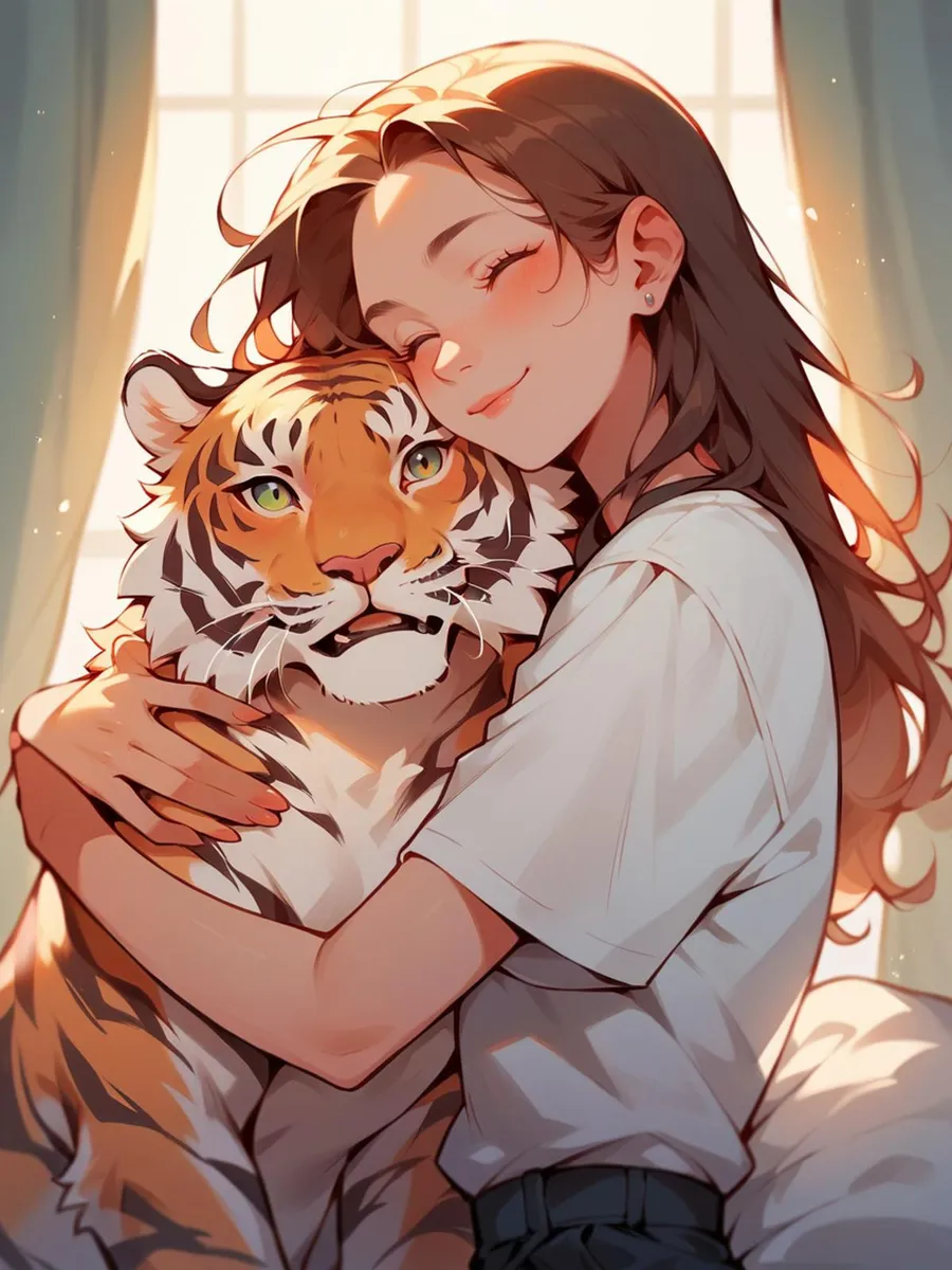 A cute anime-style illustration of a girl hugging a tiger, created using AI with Stable Diffusion.