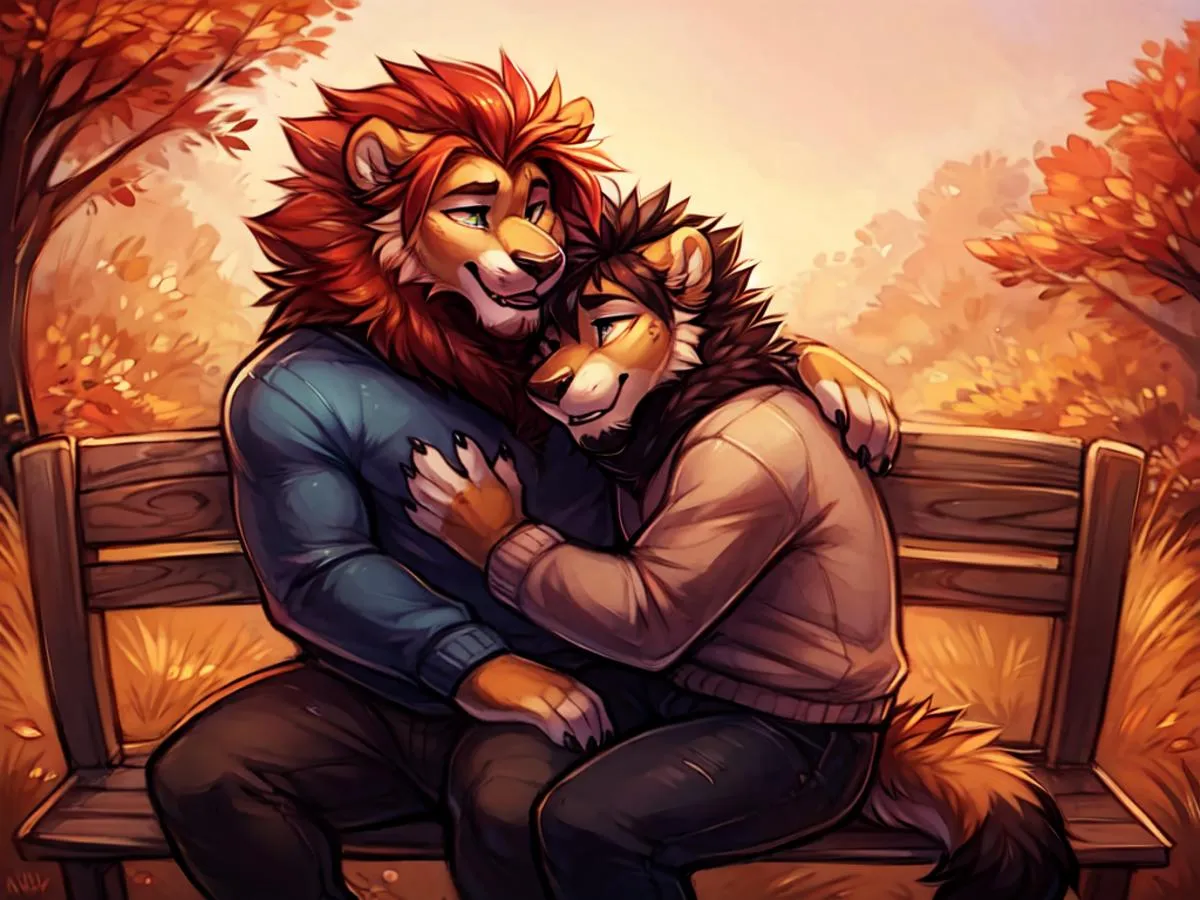 Two anthropomorphic lions cuddling on a park bench in an autumn setting, AI generated image using stable diffusion.