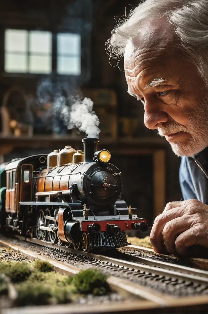 AI generated image using stable diffusion of an elderly man closely inspecting a detailed model steam train inside a dimly lit room.