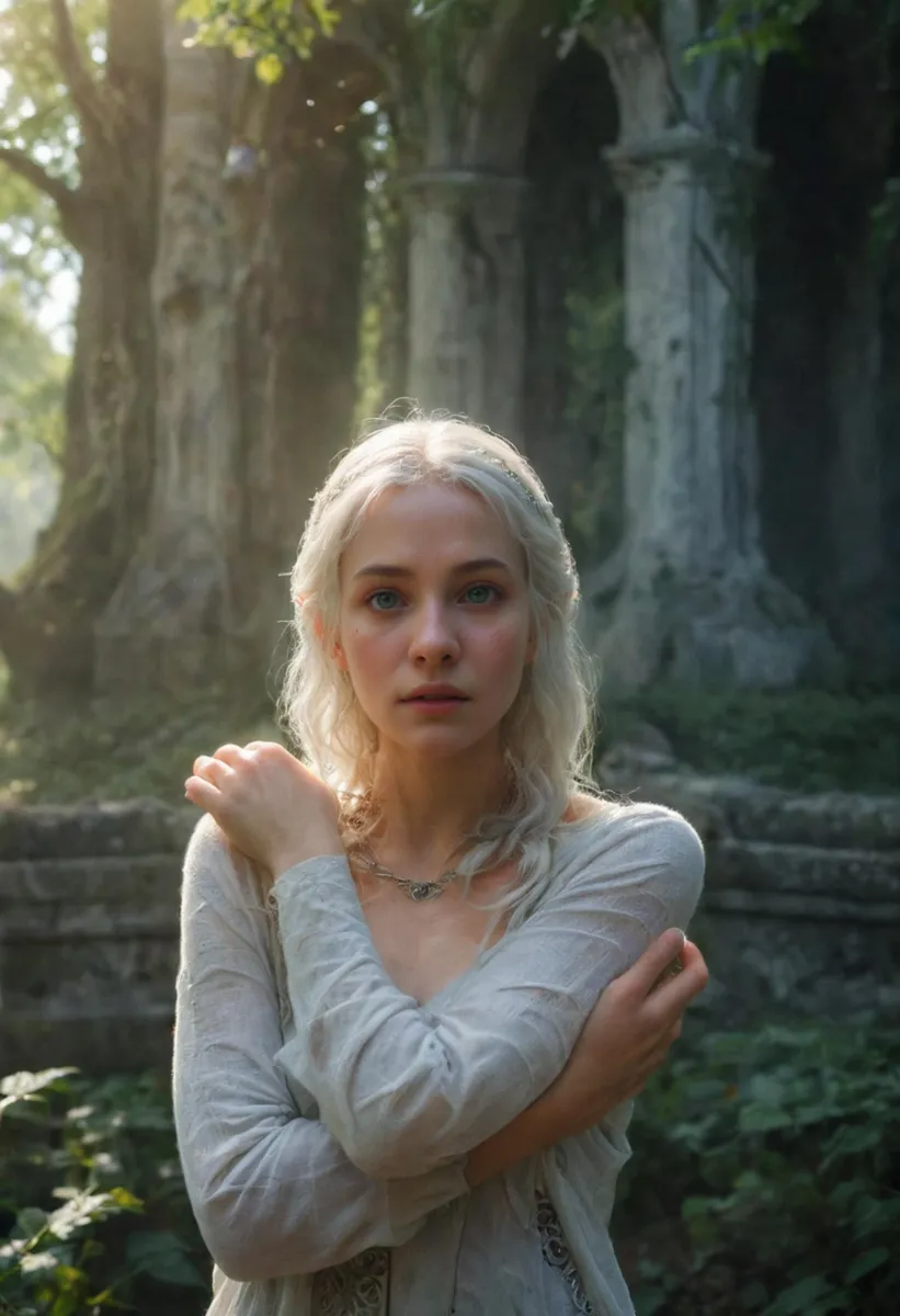 An AI-generated image using Stable Diffusion showcasing a beautiful maiden with long white hair standing in an enchanting forest with ancient stone ruins.