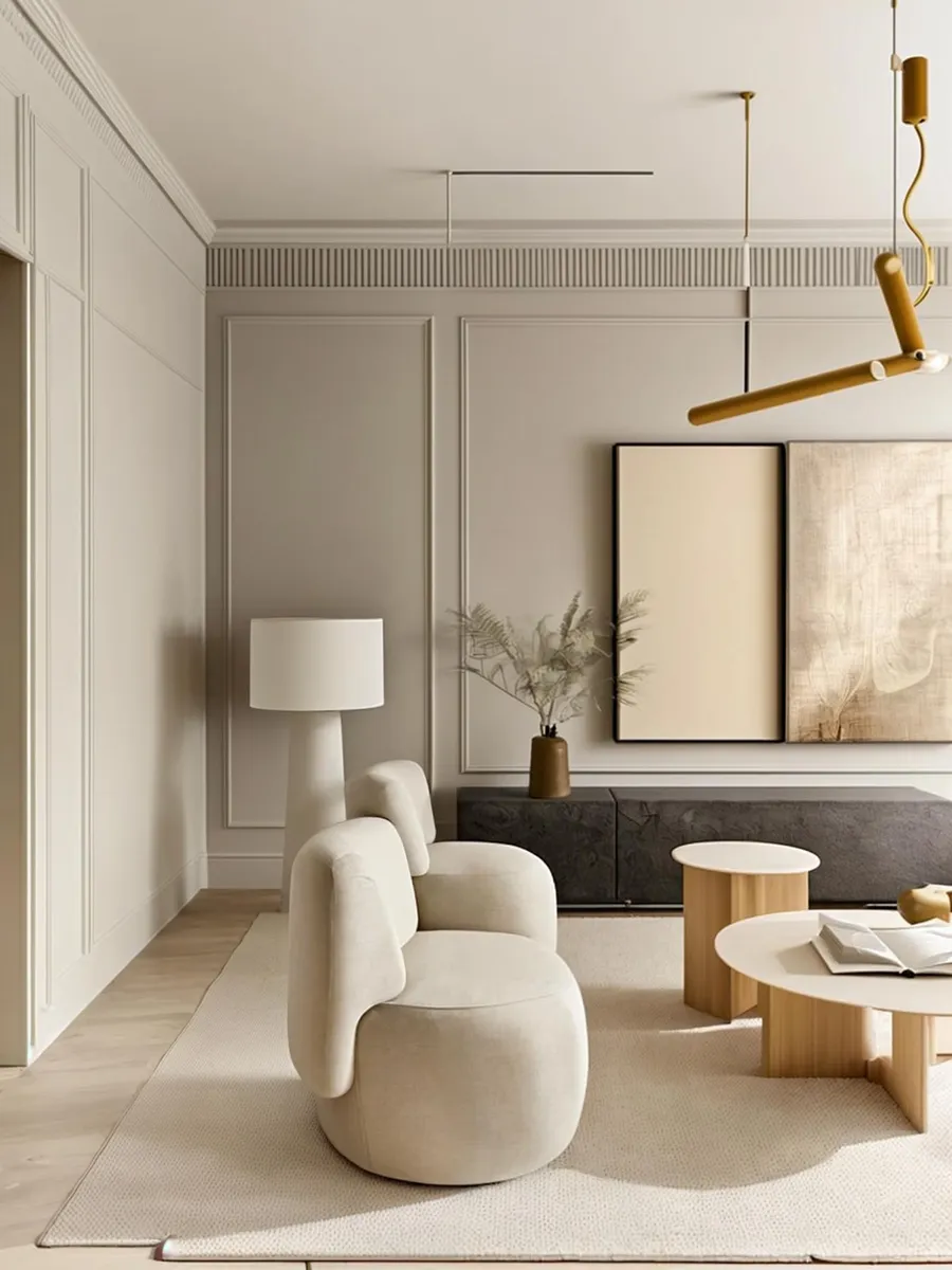 A modern minimalist living room with neutral color decor, featuring a beige armchair, a white lamp, wall art, and contemporary furniture. AI generated image using Stable Diffusion.