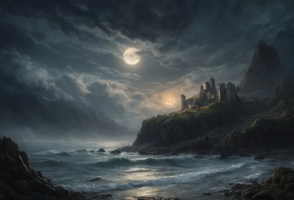 Fantasy landscape of a moonlit castle atop coastal cliffs with turbulent sea under a cloudy night sky, ai generated image using stable diffusion.