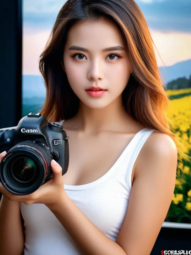 Close-up of a woman holding a camera, AI-generated image using stable diffusion.