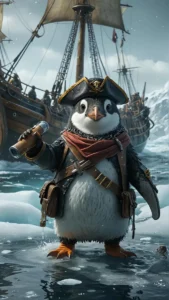 AI-generated image of a cute penguin dressed as a pirate, standing on ice with a ship in the background. Created using Stable Diffusion.