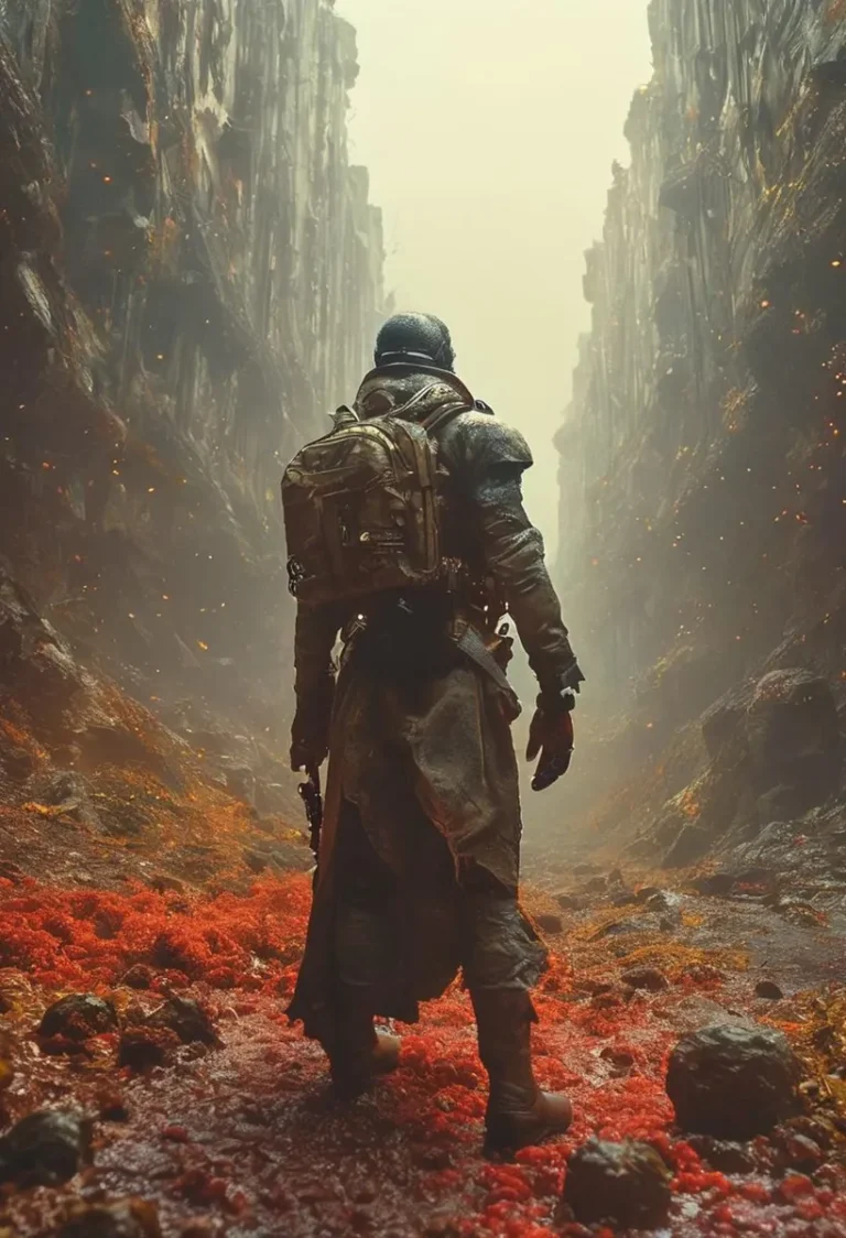 AI generated image using stable diffusion depicting a lone survivor in a post-apocalyptic rugged landscape, wearing heavy gear and a backpack, with red vegetation underfoot and a misty, canyon-like environment.