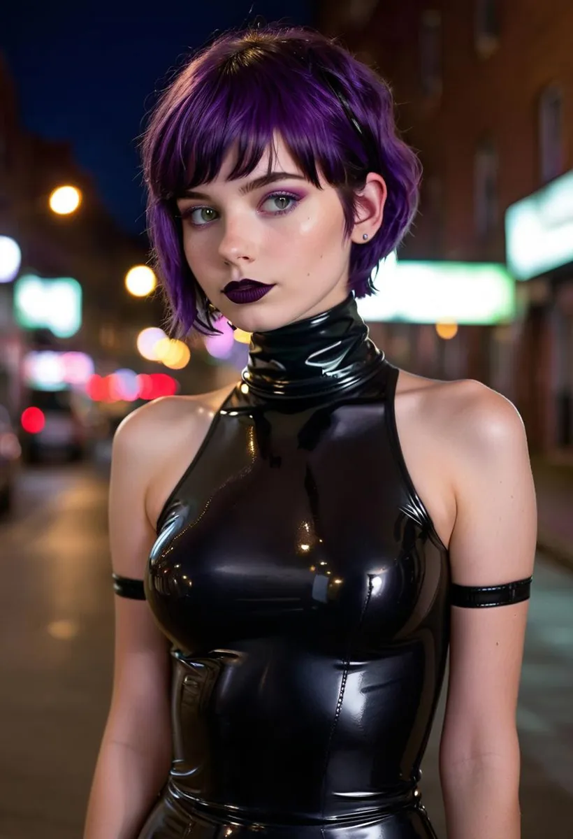 A woman with purple hair wearing a shiny black latex outfit, with a dark street background. AI generated image using Stable Diffusion.