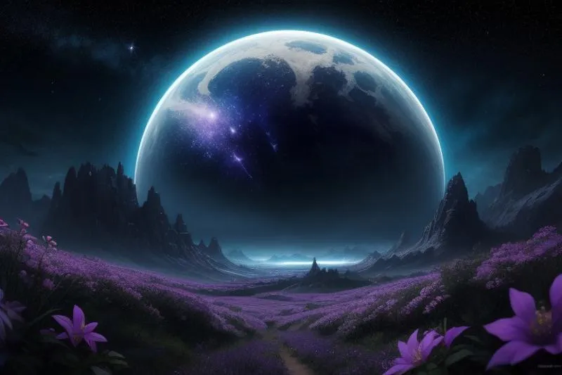 AI generated image using Stable Diffusion of a fantasy scenery with a giant moon over a purple flower field.