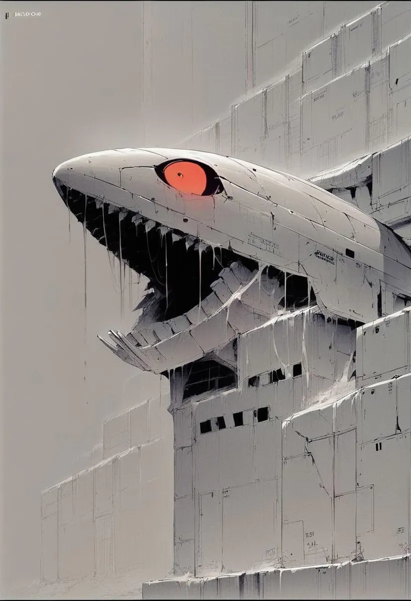 A robotic shark's head with a glowing red eye seeming to emerge from a futuristic, monolithic building. AI generated image using Stable Diffusion.