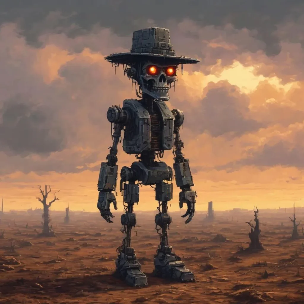 Ai generated image using stable diffusion of a robotic cowboy with glowing red eyes in a barren, post-apocalyptic landscape with a cloudy sky.