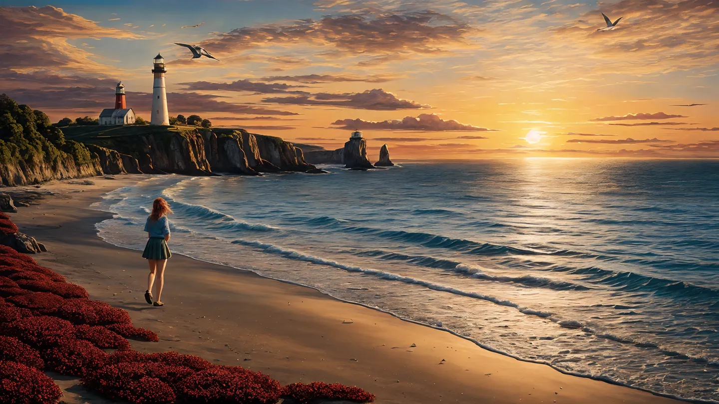 AI generated image using stable diffusion of a woman walking along a beach at sunset, with two lighthouses on a cliffside in the background.