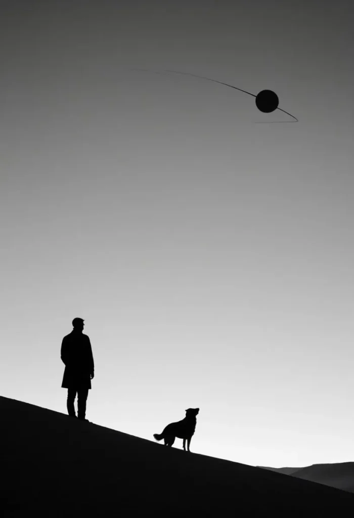 Silhouette of a man and a dog on a slope under a visible ringed planet, ai generated image using stable diffusion.