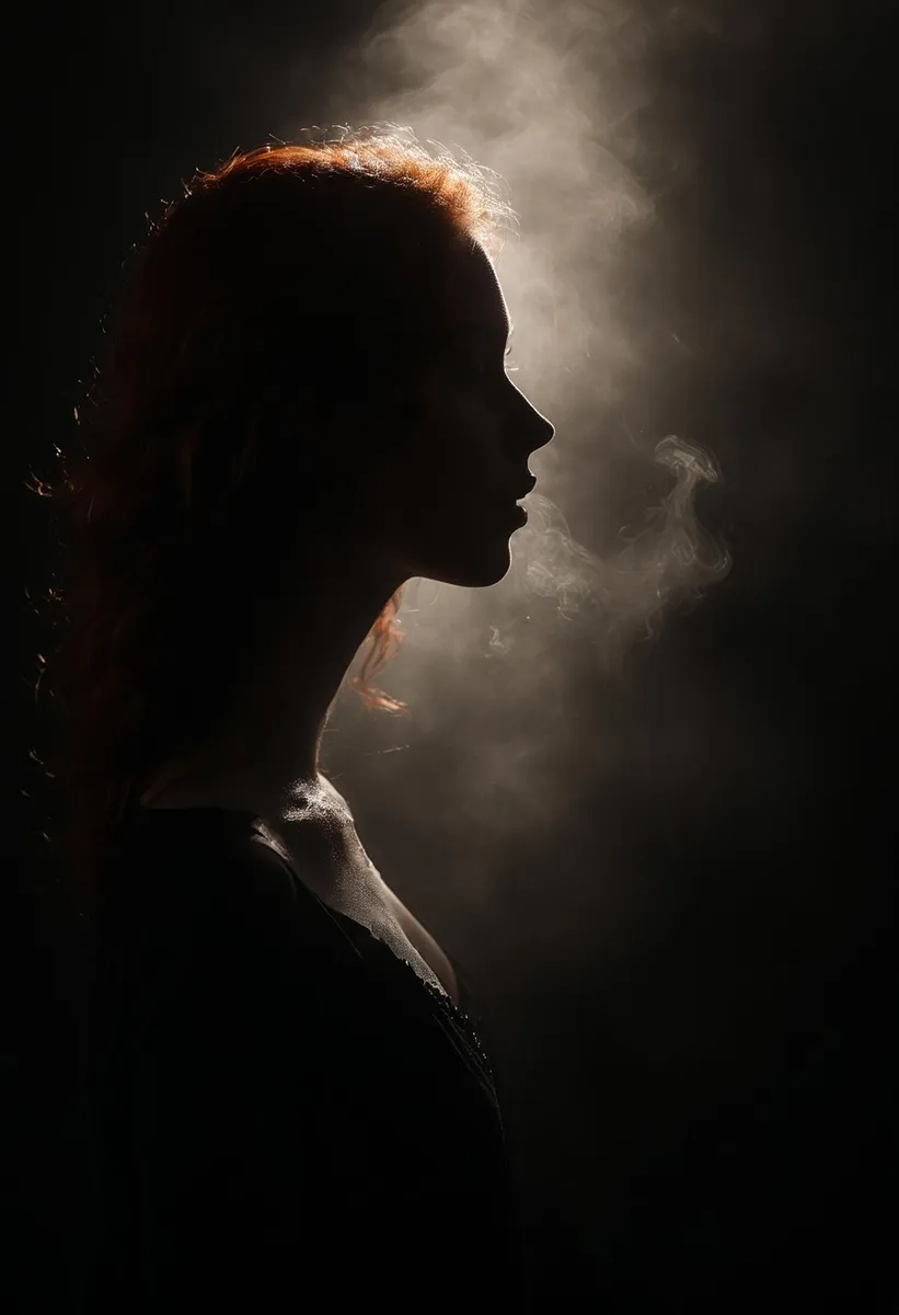 Silhouette of a woman with dramatic lighting and smoke, highlighting her profile. An AI generated image using Stable Diffusion.