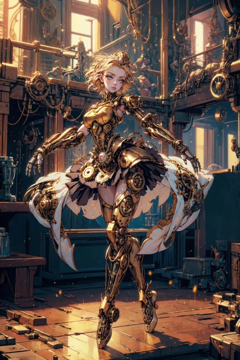 Steampunk ballerina with intricate gears and brass armor in a workshop.